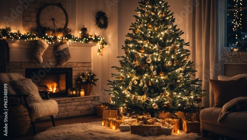 New year cozy home interior with christmas tree and garlands