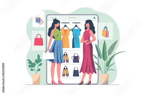 Salesperson Giving Promotional Discount Code to Female Shopper Browsing Fashion Products and Making Online Purchase with Special Offer on E-commerce Website