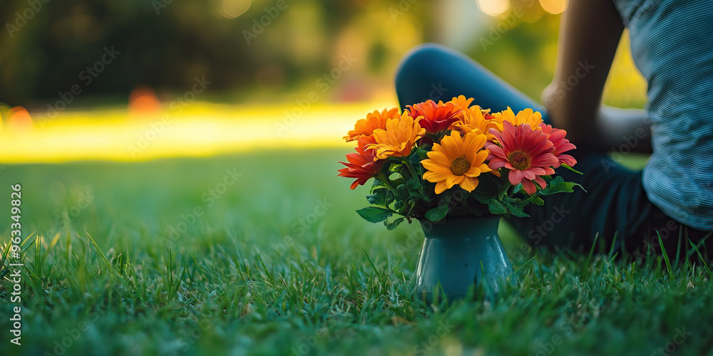 custom made wallpaper toronto digitalCalm Center of Attention: A person sitting cross-legged on a grassy lawn, gazing at a vase of flowers.