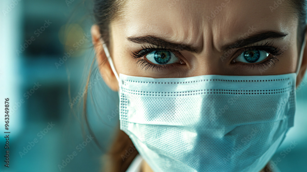 Female doctor looking concerned while wearing a surgical mask in a hospital environment Female doctor looking concerned while wearing a surgical mask in a hospital environment