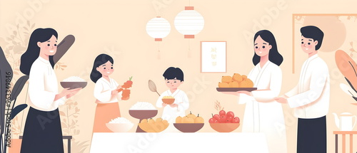 A flat illustration of families performing ancestral rituals (Charye), offering rice, fruit, and traditional foods on an altar. Soft pastel colors dominate the scene photo