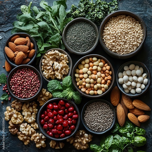 A creative flat lay of bone-strengthening foods like nuts, seeds, and leafy greens, alongside a variety of mineral supplements, illustrating a holistic approach to bone health.