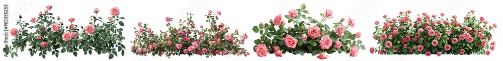 Set of beautiful pink roses with lush green leaves, cut out Set of beautiful pink roses with lush green leaves, cut out