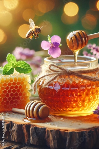 Honey Jar with Bee, Flowers, and Comb on a Wooden Slab photo