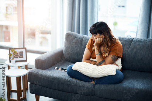 Slika na platnu Breakup, impatient or sad woman waiting for call for relationship stress or anxiety on couch
