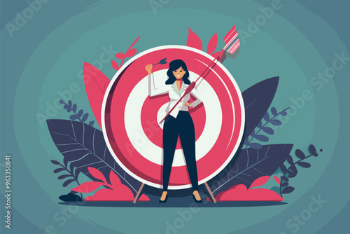 Successful Businesswoman Archer Hitting Bulls-Eye Target with Arrow, Achieving 2024 Financial Goals and Business Strategy