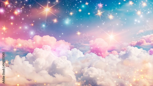 a dreamy, fantasy-like sky scene. It features fluffy clouds in soft pastel colors, including pink, purple, and white. Above the clouds, the sky is a gradient of blue and pink hues, filled with twinkli photo