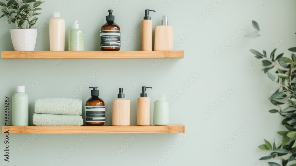 A serene bathroom shelf display featuring elegant bottles, towels, and decorative plants in a calming green environment. A serene bathroom shelf display featuring elegant bottles, towels, and decorative plants in a calming green environment.