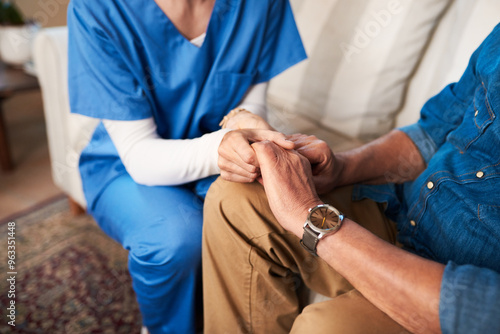 Fotografija Holding hands, nurse and closeup in home for support, empathy and palliative care for healthcare