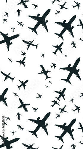 Seamless Pattern with Black Airplane Silhouettes Evenly Spaced on White Background, Suitable for Decor, Wallpaper, or Template