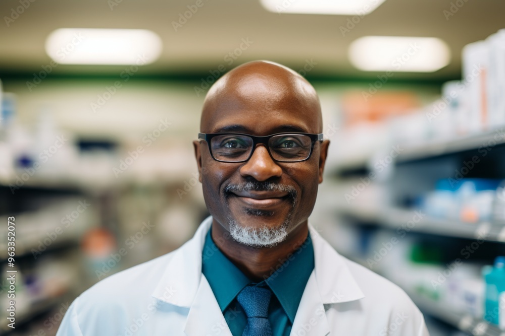 Smiling portrait of a middle aged male pharmacy worker Smiling portrait of a middle aged male pharmacy worker
