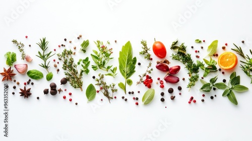 Assortment of fresh herbs, spices, and fruits on white background photo