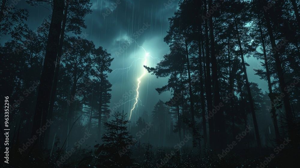 Fototapeta premium A single powerful lightning strike touching down in a dark forest, illuminating tall trees.