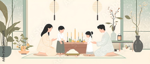 a family conducting a Charye ancestral ritual, bowing in front of an altar, featuring offerings like rice, fruit, and candles. Muted pastel palette with serene atmosphere photo