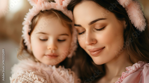 Mother Kissing Her Child Wearing Bunny Ears Eas photo