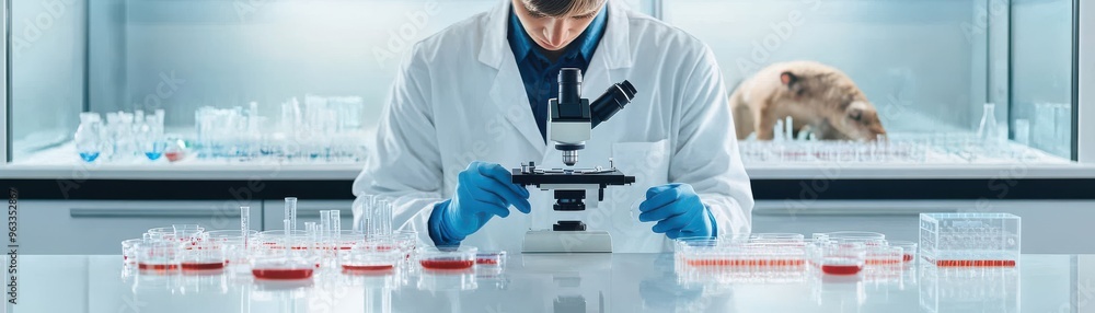 A scientist examines samples under a microscope in a modern laboratory, showcasing precise research and examination techniques. A scientist examines samples under a microscope in a modern laboratory, showcasing precise research and examination techniques.