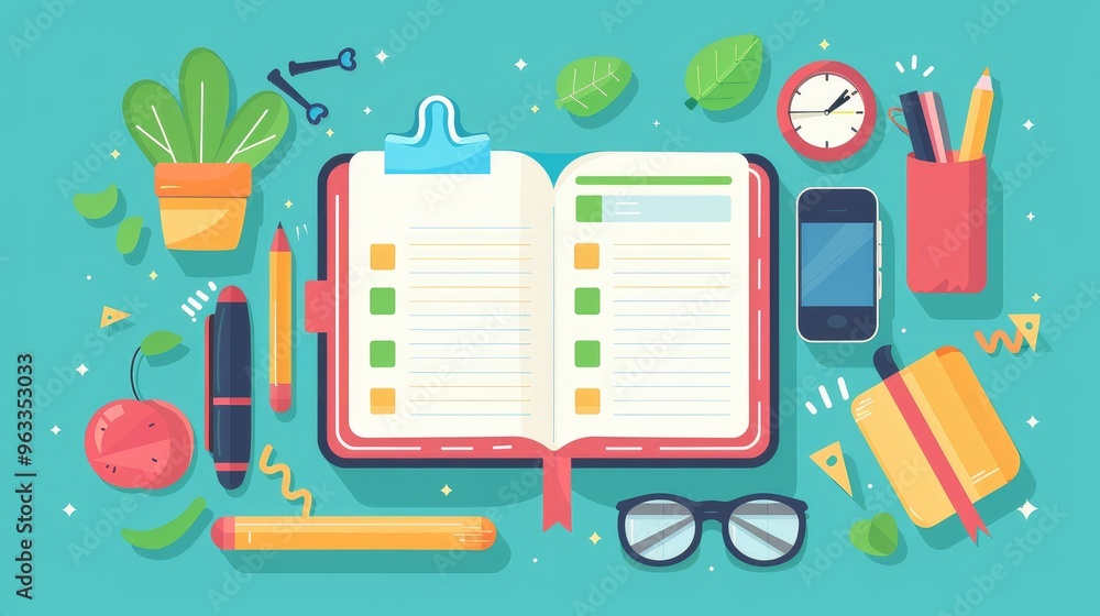 Colorful Desktop with Planner, Stationery, and Gadgets Colorful Desktop with Planner, Stationery, and Gadgets