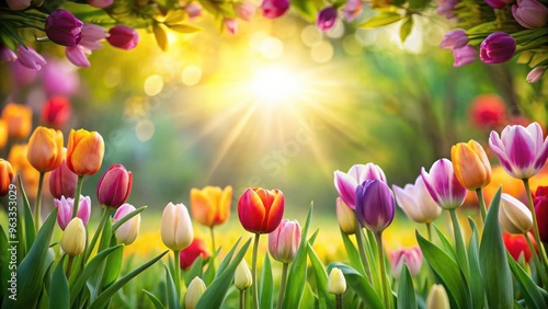 Beautiful spring landscape with blooming tulips creating a frame with copyspace