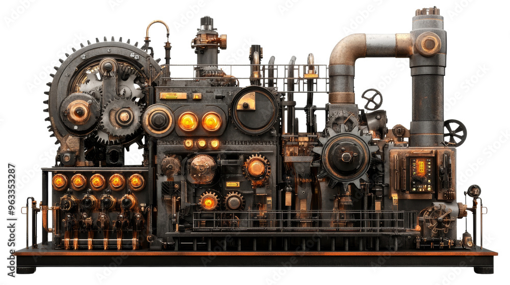 Steampunk Machine with Gears and Lights.