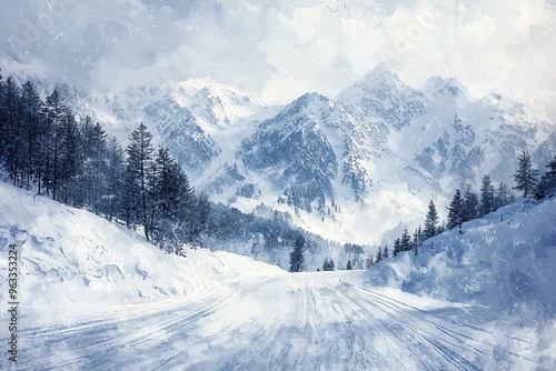 Snowy mountain pass, blizzard advisory, high winds, Watercolor style