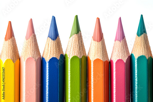 Close-up of sharpened colored pencils in a row on white background.