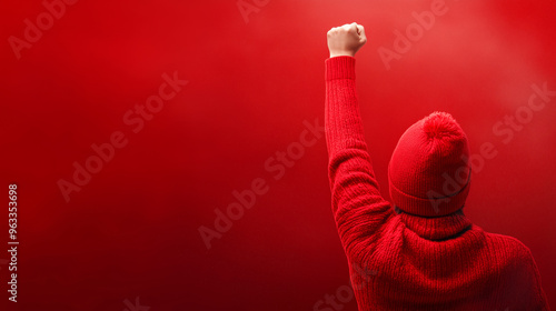 Celebrating victory with a raised fist against a red backdrop photo