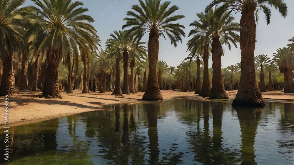 An oasis with an ancient date palm grove, the trunks casting long shadows over the water as sunlight filters through the leaves --ar 3:2 --v 4 An oasis with an ancient date palm grove, the trunks casting long shadows over the water as sunlight filters through the leaves --ar 3:2 --v 4