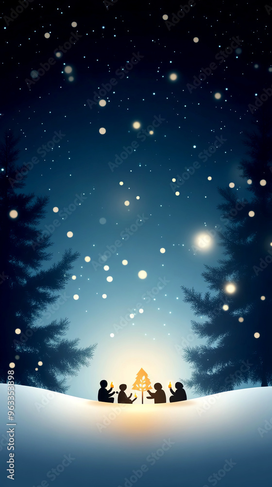 Campfire gathering under a starry night, showcasing friendship and warmth in a snowy landscape. Campfire gathering under a starry night, showcasing friendship and warmth in a snowy landscape.