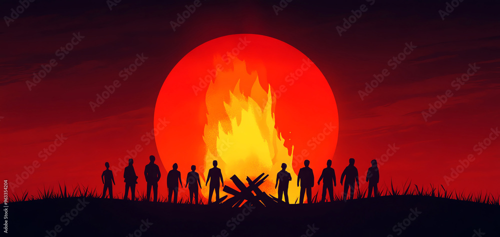 Fototapeta premium Silhouetted figures gather around a campfire against a dramatic sunset backdrop, evoking a sense of community and adventure.