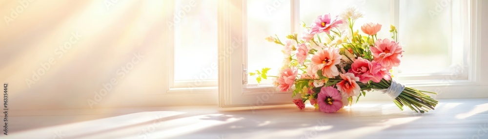 A vibrant bouquet of flowers placed near a sunlit window, creating a warm and inviting atmosphere in a serene setting. A vibrant bouquet of flowers placed near a sunlit window, creating a warm and inviting atmosphere in a serene setting.