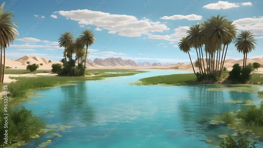 Obraz premium A hidden oasis in the middle of a vast desert, turquoise waters with patches of green grass and tall reeds growing around the edges --ar 3:2 --v 4