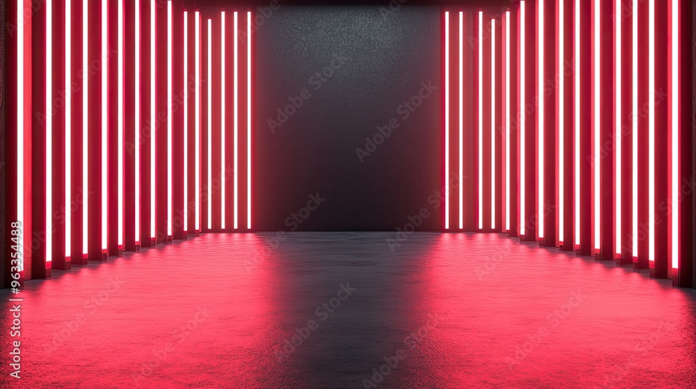 Fototapeta premium Futuristic interior with glowing red neon lights, creating an immersive and vibrant atmosphere in a modern space.