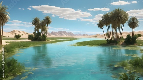   A hidden oasis in the middle of a vast desert, turquoise waters with patches of green grass and tall reeds growing around the edges --ar 3:2 --v 4