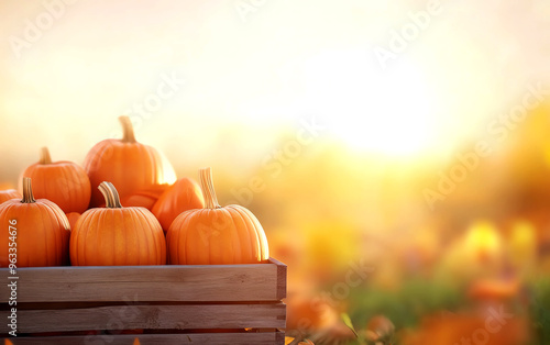 Pumpkins in a wooden crate, bathed in warm sunlight, perfect for autumn and harvest themes.