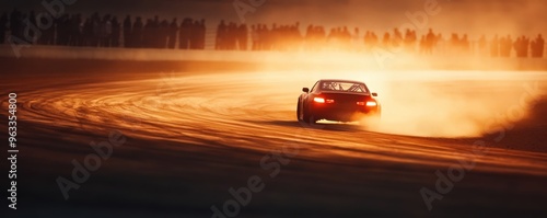 A sporty car drifting in the golden light, creating a dramatic scene with dust and motion, perfect for automotive enthusiasts. photo