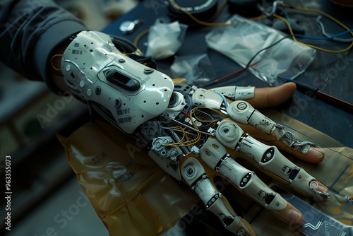 Engineer is holding a futuristic bionic prosthetic hand with exposed circuitry in a laboratory