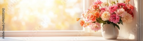 A beautiful vase of colorful flowers elegantly placed on a sunlit windowsill, enhancing the cozy atmosphere of the room.