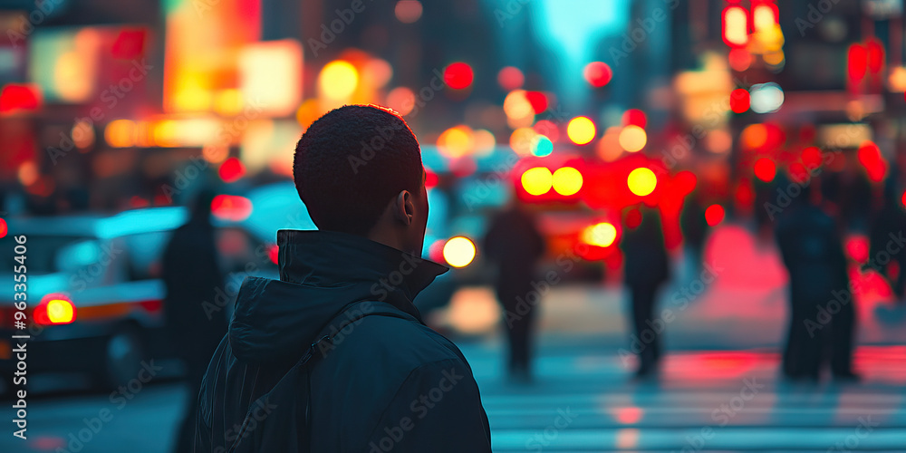 Alert Observer: A person standing near a busy intersection, head tilted, observing people and vehicles passing by. Alert Observer: A person standing near a busy intersection, head tilted, observing people and vehicles passing by.