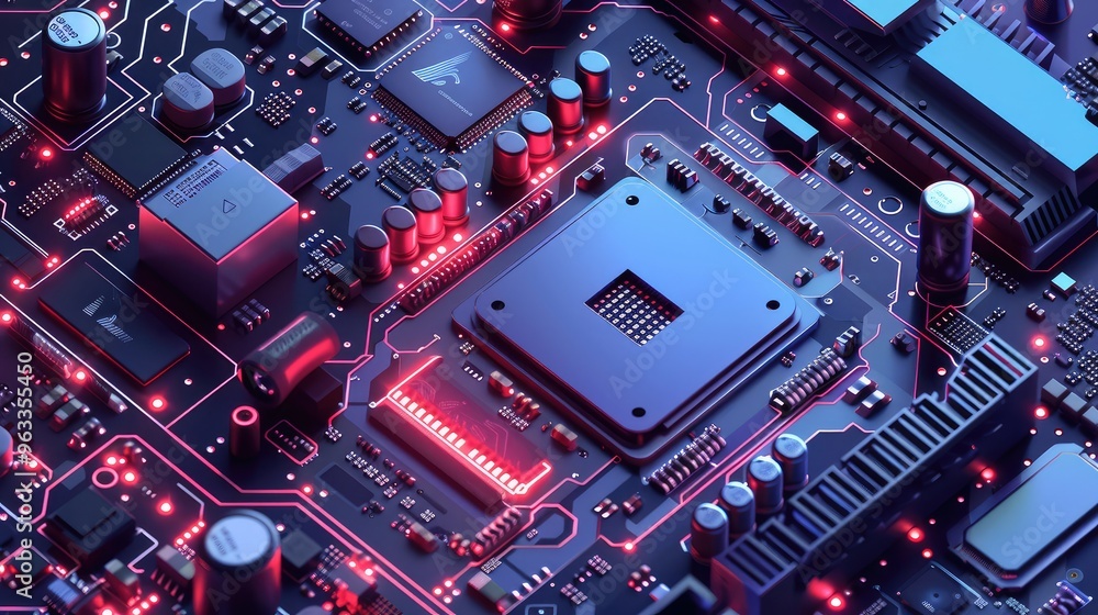 Fototapeta premium High-Tech Motherboard with Illuminated Red LEDs