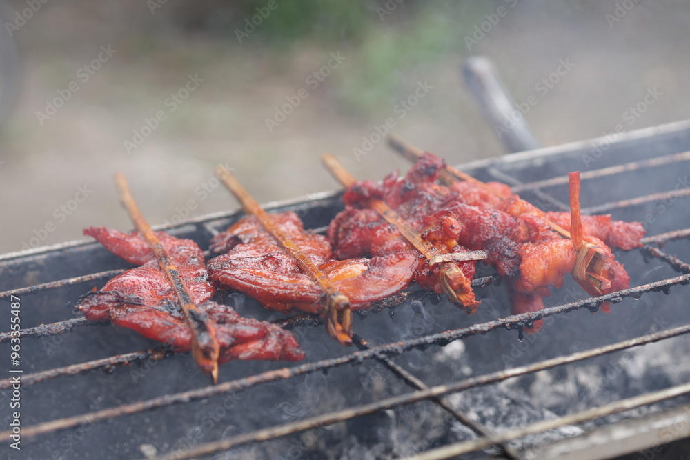 Chicken skewers with bamboo and grilled on a stove. Grilled chicken on the stove with smoky.