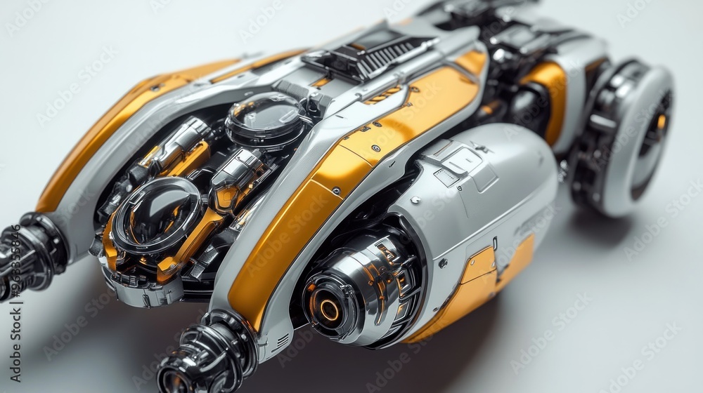 Fototapeta premium Close-up of a Futuristic, Yellow and Silver, Detailed Spaceship Engine