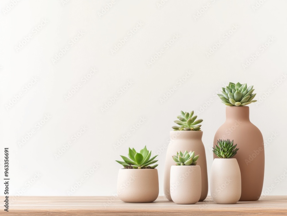 Stylish arrangement of various succulents in modern pottery on a wooden surface against a light background for aesthetic decor. Stylish arrangement of various succulents in modern pottery on a wooden surface against a light background for aesthetic decor.