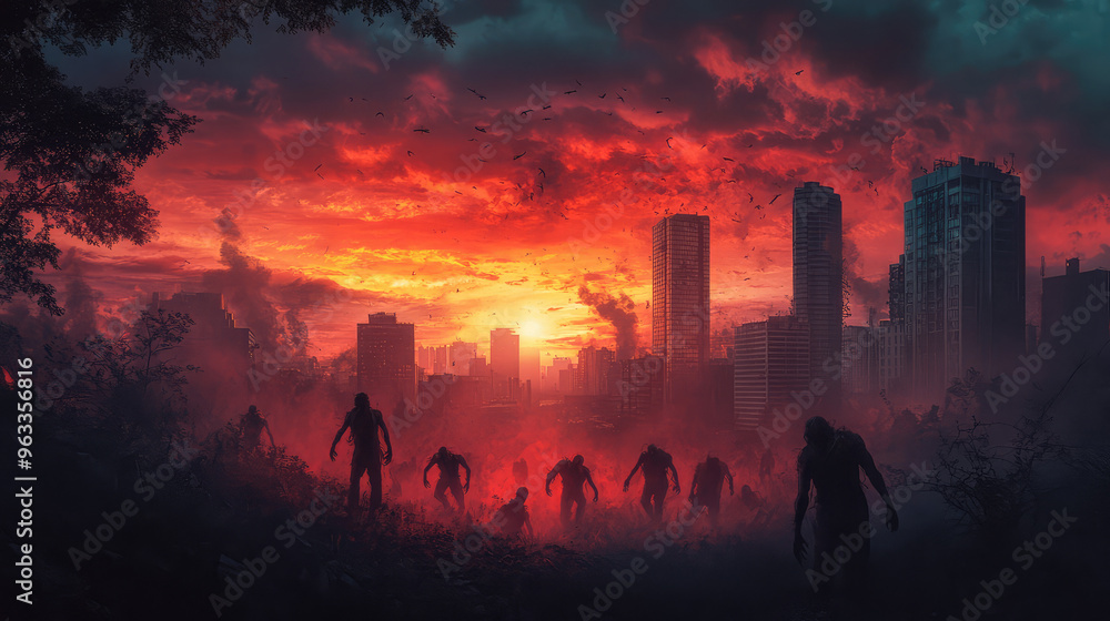 A group of zombies are walking through a city at sunset A group of zombies are walking through a city at sunset