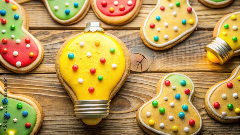 Christmas lightbulb cookies with a bright yellow bulb on top, symbolizing a bright idea Christmas lightbulb cookies with a bright yellow bulb on top, symbolizing a bright idea