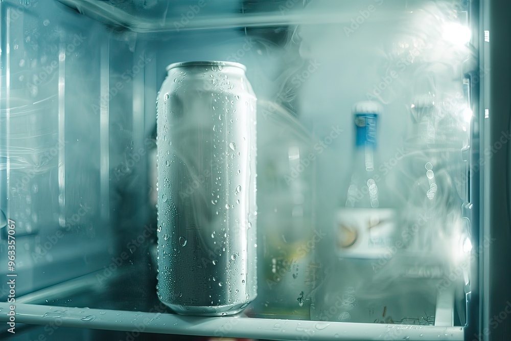 A cold white aluminum can sits on a shelf in the refrigerator. A cold white aluminum can sits on a shelf in the refrigerator.
