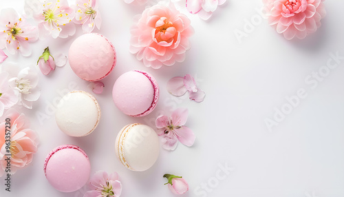 Makeup cosmetic with macaroons and beautiful flowers on white background
