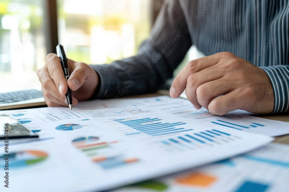 Close-up of businessman's hands reviewing financial data with charts and graphs. Photo depicts work, analysis, and planning. Close-up of businessman's hands reviewing financial data with charts and graphs. Photo depicts work, analysis, and planning.