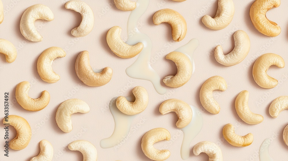 Cashew nuts with smooth cashew milk streams, soft beige tones, seamless pattern, watercolor Cashew nuts with smooth cashew milk streams, soft beige tones, seamless pattern, watercolor