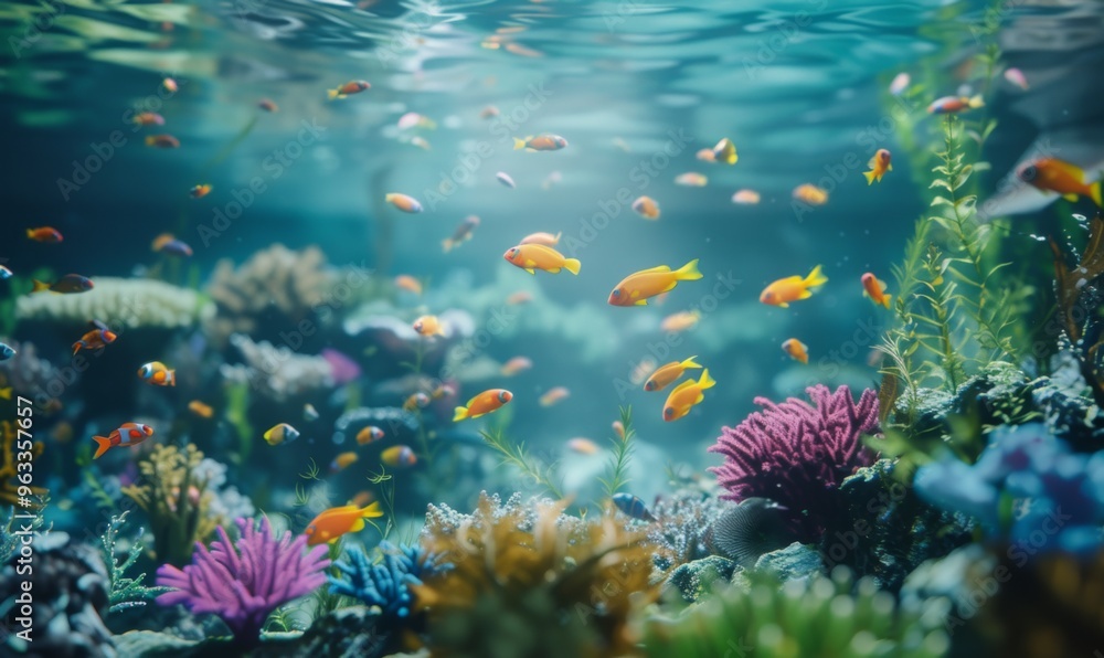 Fototapeta premium Underwater with colorful sea life fishes and plant at seabed background, Colorful Coral reef landscape in the deep of ocean. Marine life concept, Underwater world scene