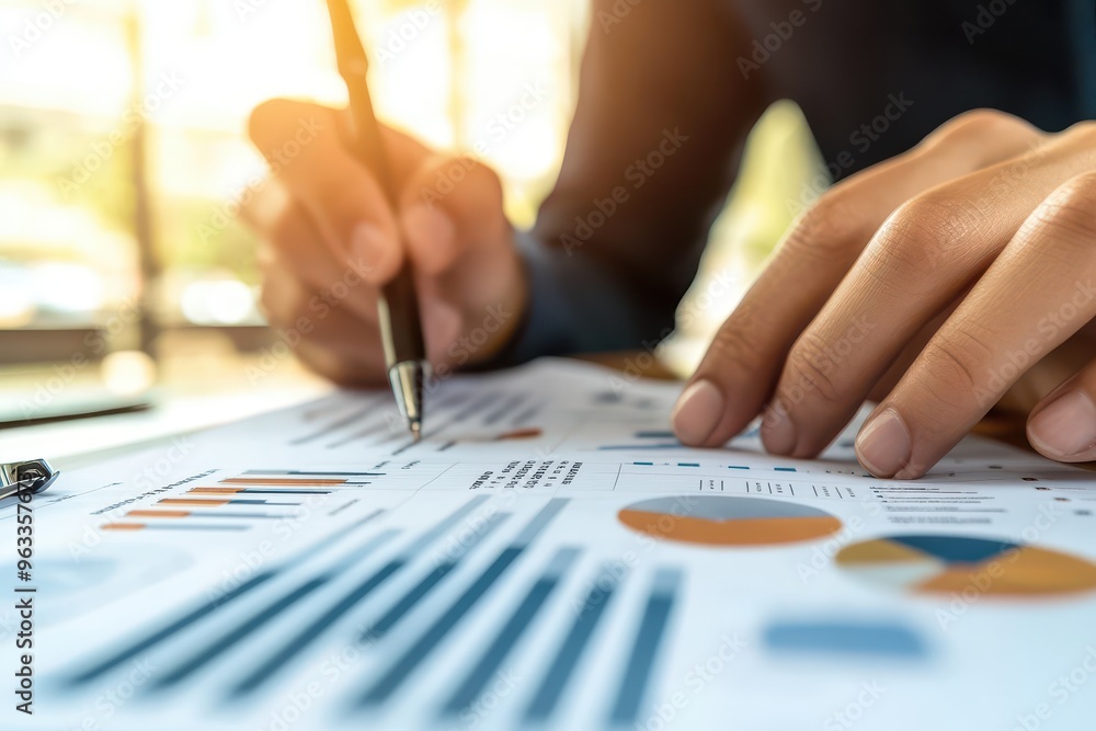 Close-up of hands analyzing financial data charts and graphs with a pencil. Close-up of hands analyzing financial data charts and graphs with a pencil.